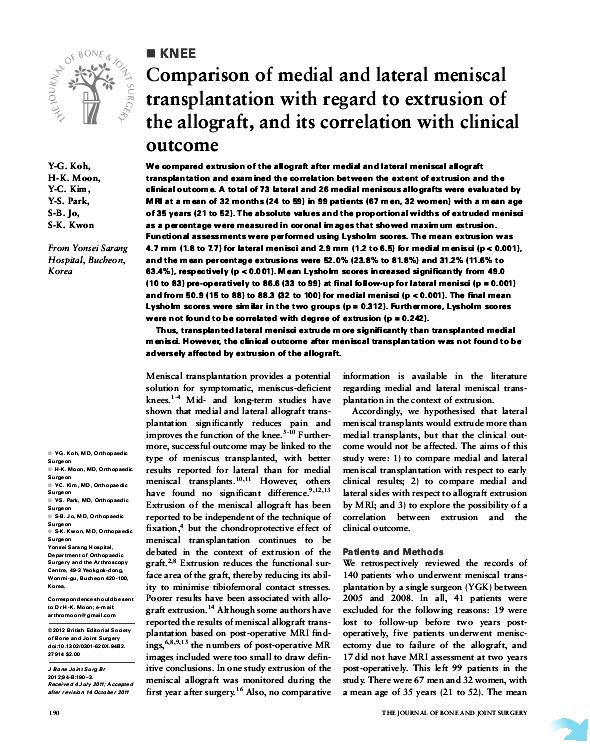 Comparision of Medial and Lateral Transplantation in terms of Meniscal Allograft Extrusion and Its Clinical Significance 게시글의 1번째 첨부파일입니다.