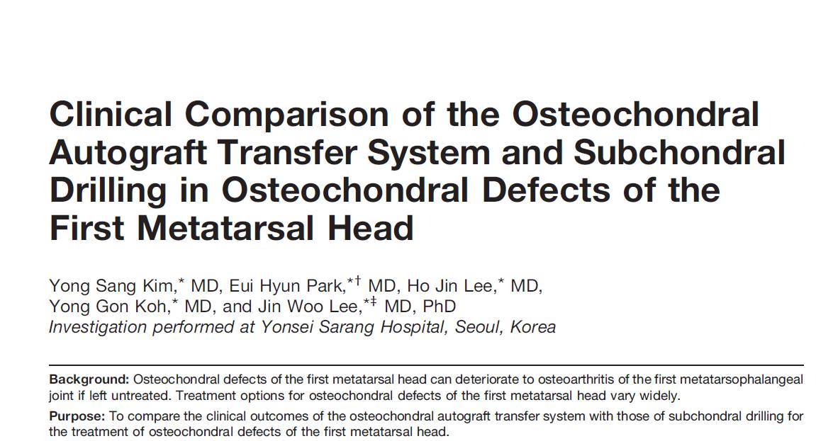 Clinical Comparison of the Osteochondral Autograft Transfer System and Subchondral Drilling in Osteochondral Defects of the First Metatarsal Head 게시글의 1번째 첨부파일입니다.