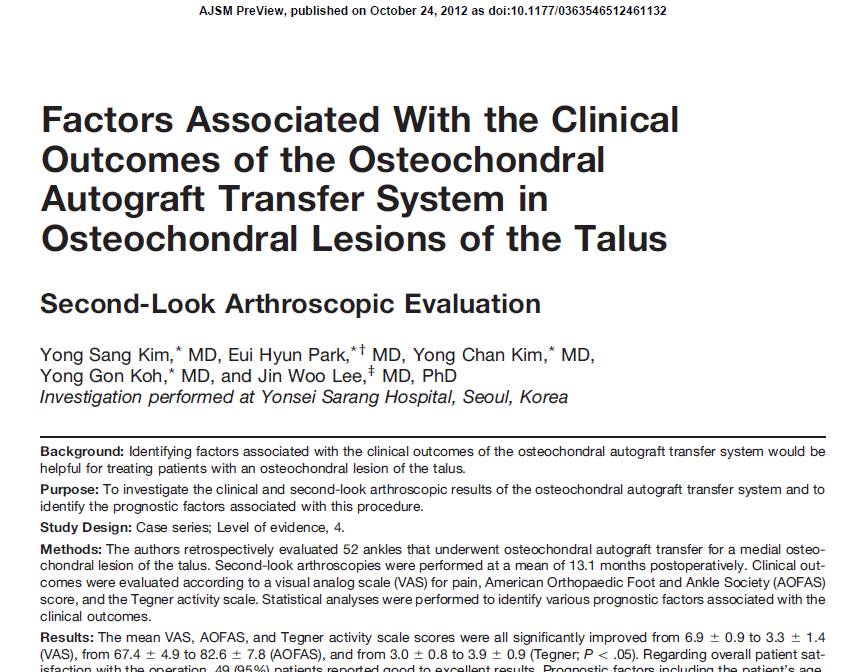 Factors Associated With the Clinical Outcomes of the Osteochondral Autograft Transfer System in Osteochondral Lesions of the Talus 게시글의 1번째 첨부파일입니다.